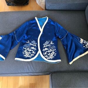 VINTAGE Japanese royal blue silk open front embroidered bell sleeve shirt kimono